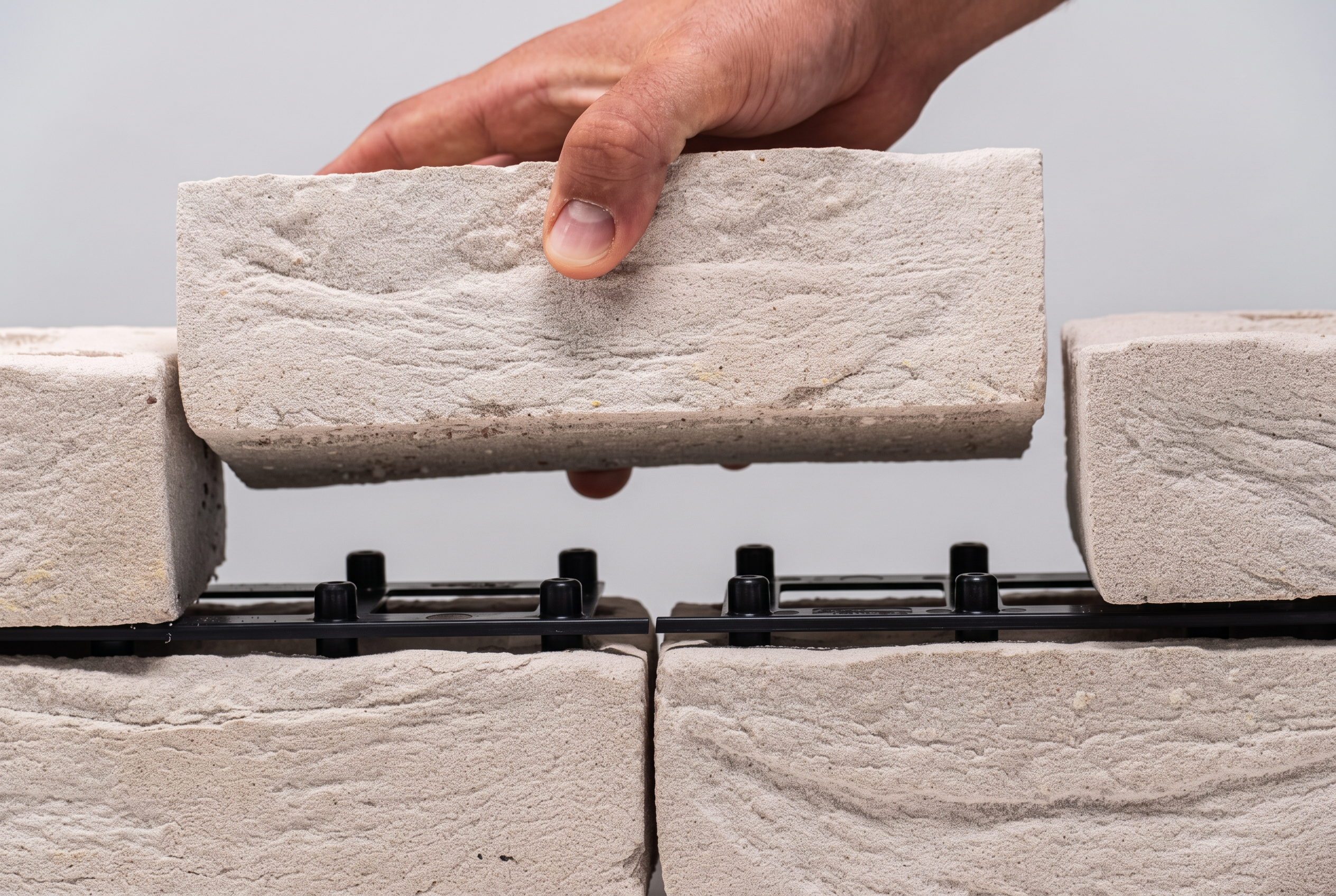 Hand plaatst baksteen op Drystack kliksysteem